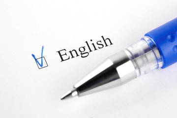 English. Filling in the questionnaire, documents. The checkboxes are filled with a black pen on a white background. Questionnaire, survey.