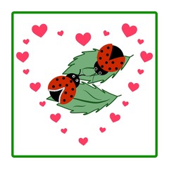 Ladybird in frame from hearts. Illustration ladybug. Cute colorful sign red insect symbol spring, summer, garden. Template for t shirt, apparel, card, poster, etc. Design element Vector illustration.