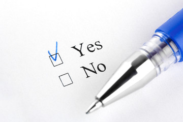 Yes. No. Filling in the questionnaire, documents. The checkboxes are filled with a black pen on a white background. Questionnaire, survey.