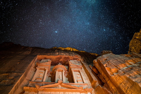 Petra Treasury By Night Lighten By Candles And Galaxy