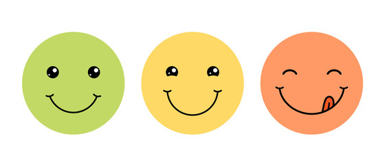 Three emoticons with happy smile. Set of cartoon character signs 