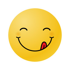 Yummy emoticon with happy smile and tongue. Delicious tasty eating emoji face