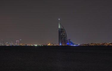 DUBAI - may 2019: Burj Al Arab the luxury seven star Dubai hotel at night. UAE.