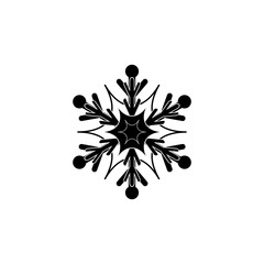Snowflake sign. Silhouette design black snowflake on white background. Symbol of Christmas holiday season. Monochrome template for prints, card. Isolated graphic element. Flat vector illustration.