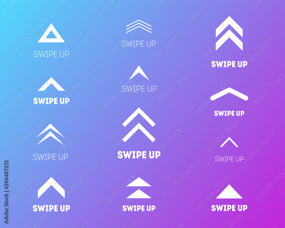 Poster swipe up icon set isolated on gradient background for stories design, scroll pictogram. arrow up log