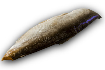 Cut carcass of salted pink salmon without a head and a tail fin. Isolated image on a white background. A site about cuisine,fish,nacks, fishårman.