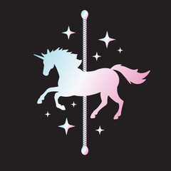 Vector holographic unicorn carousel silhouette with stars isolated on black background © Sweta