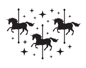 Vector black unicorn carousel silhouette with stars isolated on white background © Sweta
