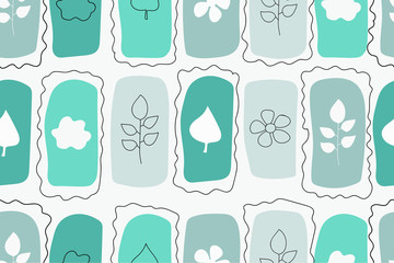 Seamless pattern with flowers and leaves in scandinavian style. Vector hand drawing in pastel colors. For the design of the background, fabric, wallpaper, cover, packaging, wrapper, wall.