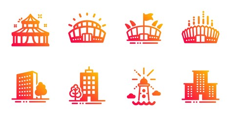 Sports stadium, Lighthouse and Skyscraper buildings line icons set. Arena stadium, Buildings and Arena signs. Circus, University campus symbols. Navigation beacon, Town architecture. Vector