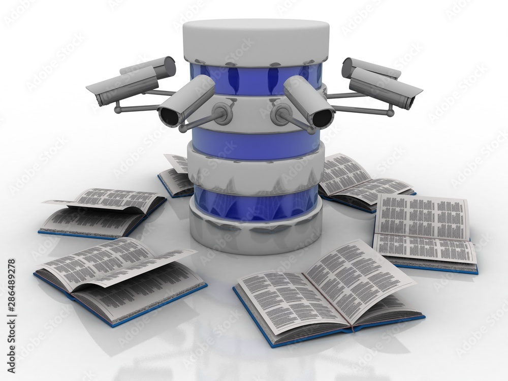 Poster 3d rendering surveillance cctv security camera connected modem with database