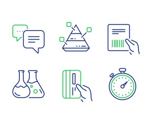 Parcel invoice, Payment card and Pyramid chart line icons set. Dots message, Chemistry lab and Timer signs. Delivery document, Credit card, Report analysis. Chat bubble. Vector