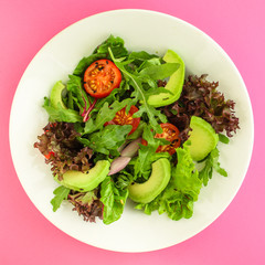 salad healthy, vegetables (avocado, tomato, mix leaves, arugula, lettuce, onions and more) top menu concept. food background. copy space