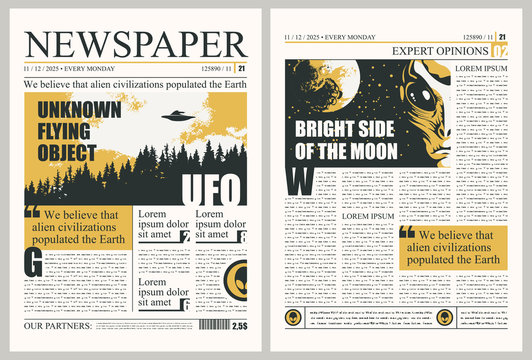 Vector template for the layout of the newspaper on the subject of UFOs. Newspaper columns with unreadable text, headlines and illustrations on the theme of extraterrestrial civilizations, alien, UFO