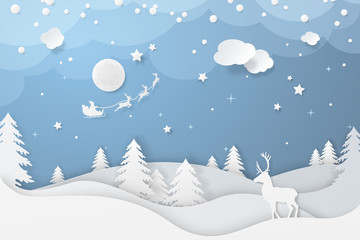 Fototapeta na wymiar Vector winter night scene in paper cut style with fir trees, stars, deers and santa's sleigh flying around moon. Festive layered background with 3D realistic paper Christmas landscape and snowfall.