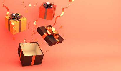 Gift box, confetti on orange pastel background. Design creative concept of halloween celebration holiday. 3d rendering illustration.