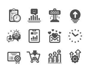 Set of Technology icons, such as Graph chart, Reject certificate, Attraction, Swipe up, Smile, Love mail, Time, Seo gear, Idea, Report document, Shopping, Exam time classic icons. Vector