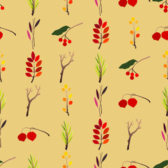 Autumn vector seamless pattern with berries, acorns, pine cone, mushrooms, branches and leaves.