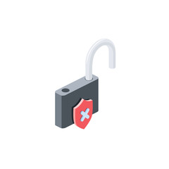 Open lock not safe. Vector 3d isometric, color web icons set, new flat style. Creative illustration design, idea for infographics.