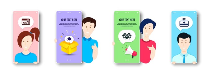 Fototapeta premium Chat message, Website statistics and Safe time icons simple set. People on phone screen. Contactless payment sign. Speech bubble, Data analysis, Management. Financial payment. Business set. Vector