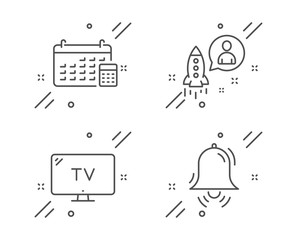 Startup, Calendar and Tv line icons set. Clock bell sign. Developer, Calculator device, Television. Alarm. Technology set. Line startup outline icon. Vector