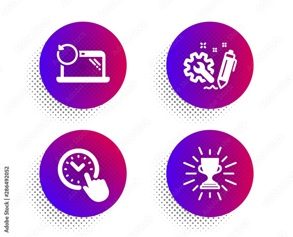 Poster recovery laptop, time management and engineering icons simple set. halftone dots button. trophy sign