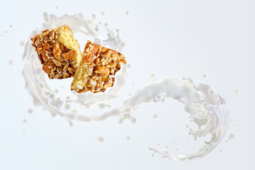 Fresh milk, yogurt 3D splash with healthy cereals oat cookie bar with whole raw grains seed, nuts. Breakfast, protein cookie with milk, yogurt, muesli granola energy bar. Milky splash design elements