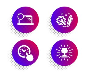Recovery laptop, Time management and Engineering icons simple set. Halftone dots button. Trophy sign. Backup data, Office clock, Construction. Winner cup. Education set. Vector