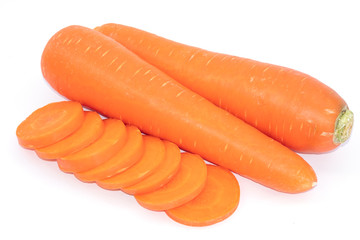 Fresh carrot and carrot slice isolate on white background.