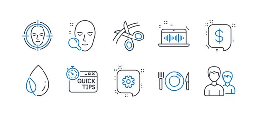 Set of Business icons, such as Leaf dew, Scissors, Quick tips, Payment message, Face detect, Cogwheel, Music making, Food, Face search, Couple line icons. Water drop, Cutting ribbon. Vector