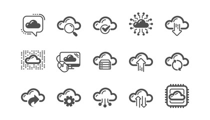Computer cloud icons. Hosting, Computing data and File storage. Computer sync technology classic icon set. Quality set. Vector