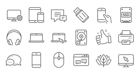 Device line icons. Laptop, SSD and Headphones. Printer linear icon set. Quality line set. Vector