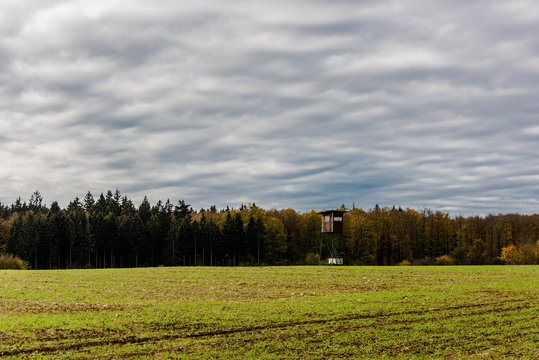 Panorama view in the autumnal nature. With fields trees and quiet nature.