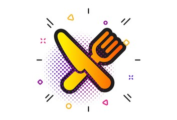 Cutlery sign. Halftone circles pattern. Food icon. Fork, knife symbol. Classic flat food icon. Vector