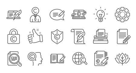 Copywriting line icons. Copyright, Typewriter and Feedback. Legal content linear icon set. Quality line set. Vector