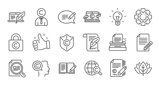 Copywriting line icons. Copyright, Typewriter and Feedback. Legal content linear icon set. Quality line set. Vector