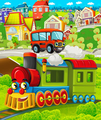 Cartoon funny looking steam train going through the city and fireman car driving by - illustration for children