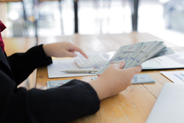 Data analysis, Financial accountants are evaluating company revenue data using calculators and databases to compute and summarize for leaders, Young women working.