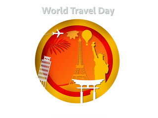World travel paper cut concept. Vector travel origami paper cut banner. 