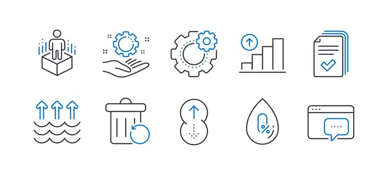 Set of Science icons, such as No alcohol, Augmented reality, Graph chart, Employee hand, Swipe up, Evaporation, Handout, Cogwheel, Recovery trash, Seo message line icons. Line no alcohol icon. Vector