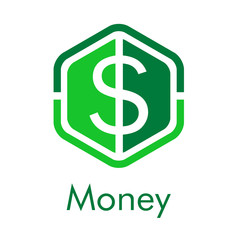 Logotipo con texto Money con símbolo dólar en hexágono color verde