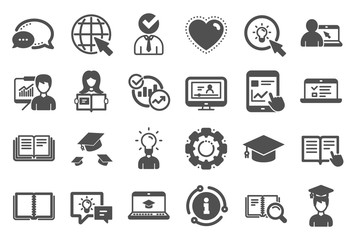 Education icons. Laptop, Book and Video Tutorial icons. Graduation cap, Instructions and Presentation. Education or Lectures book, Charts and Idea. Laptop, tablet device. Video tutorial. Vector