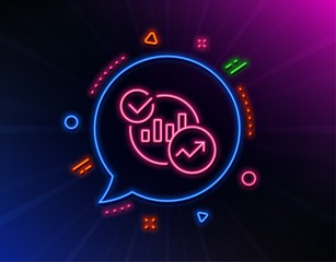 Charts, Statistics line icon. Neon laser lights. Report graph or Sales growth sign. Analytics data symbol. Glow laser speech bubble. Neon lights chat bubble. Banner badge with statistics icon. Vector