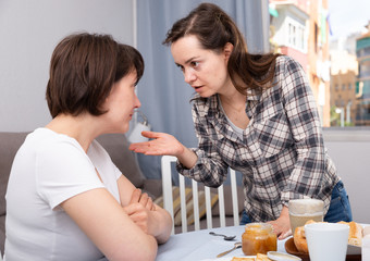 Portrait of upset young women discussing, quarrel during drinking tea at home kitchen