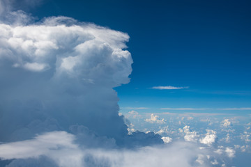 The blue sky and white clouds at an altitude of 10,000 meters under the sun