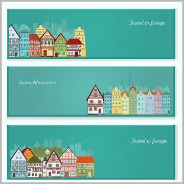 Set of vector banners with european traditional architecture. Postcards with European houses.