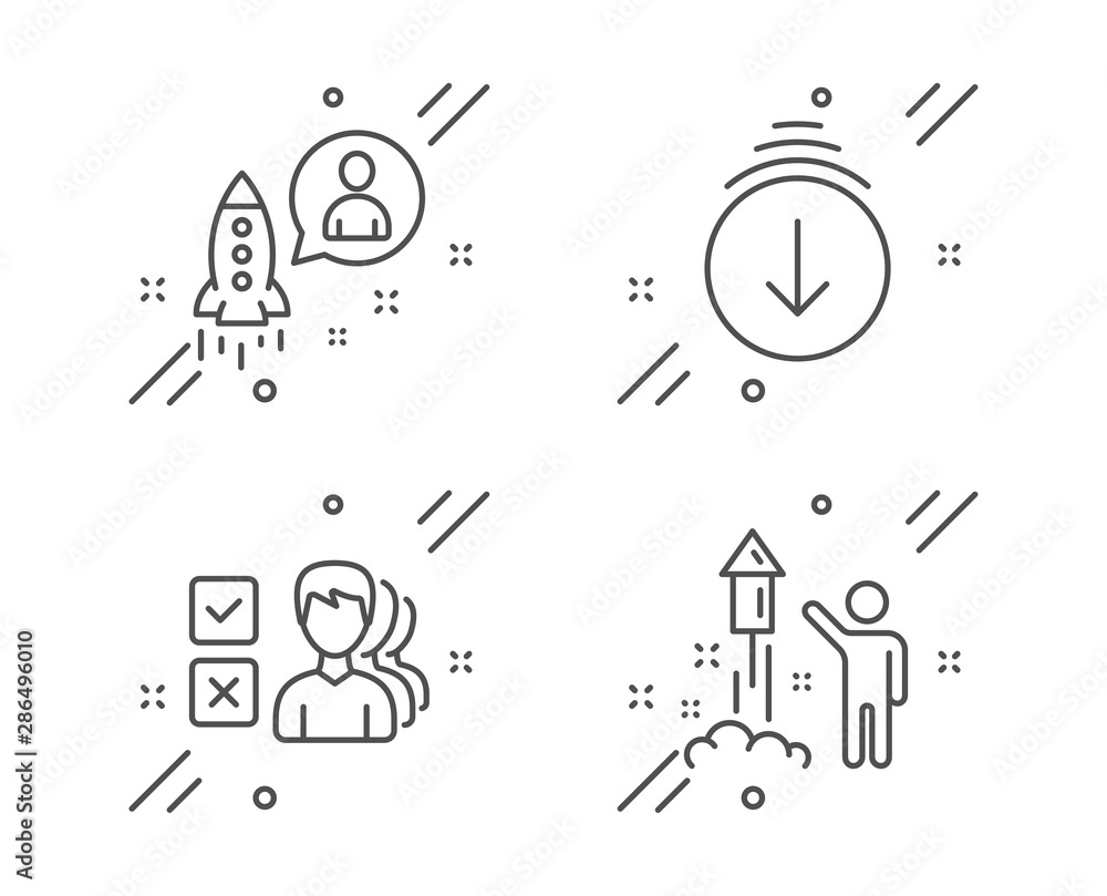 Poster scroll down, startup and opinion line icons set. fireworks sign. swipe screen, developer, choose ans