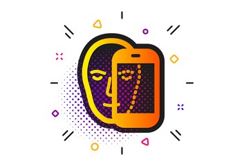 Facial recognition by phone sign. Halftone circles pattern. Face biometrics icon. Head scanning symbol. Classic flat face biometrics icon. Vector