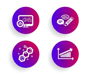 Keywords, Report statistics and Chemical formula icons simple set. Halftone dots button. Chart sign. Pencil with key, Graph chart, Chemistry. Education set. Classic flat keywords icon. Vector