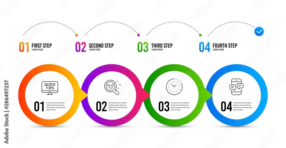 Poster chemistry lab, web tutorials and time management line icons set. timeline infographic. phone message